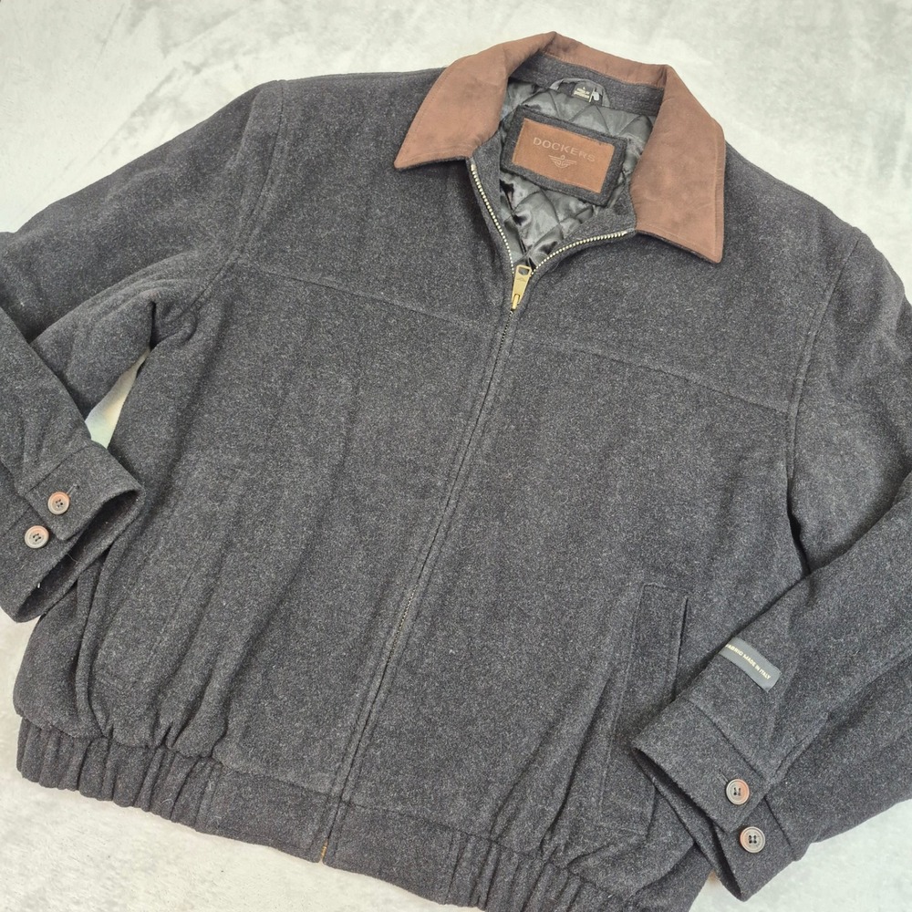 Wool Dockers Mens Dress Bomber Jacket Charcoal Gray Italian Fabric Size Large